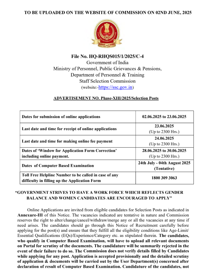SSC Selection Post Phase XIII Notification