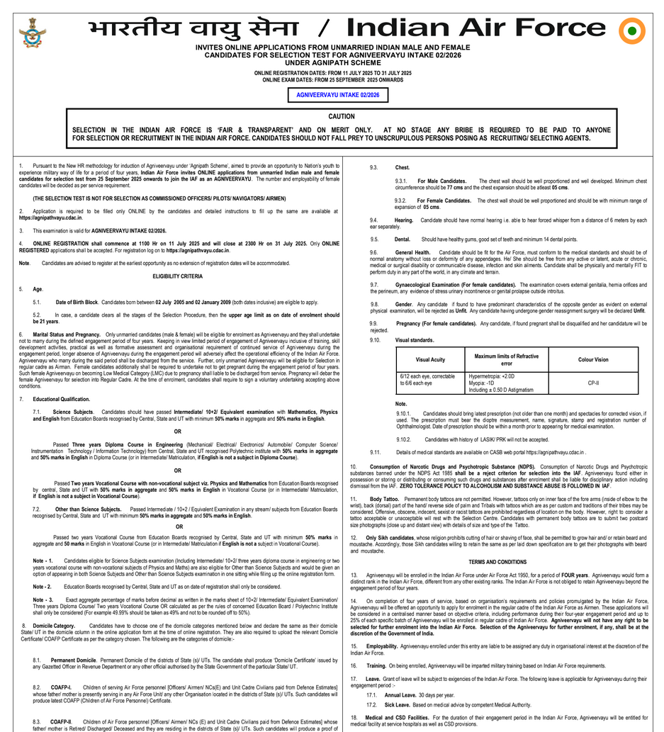 Indian Air Force Agniveervayu Bharti 2025 Notification