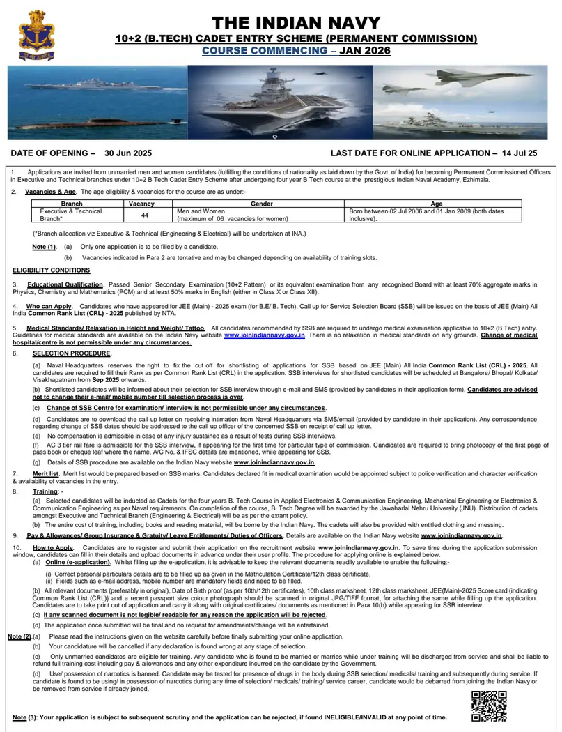 Indian Navy 10+2 B.Tech Cadet Entry January Recruitment 2026 PDF