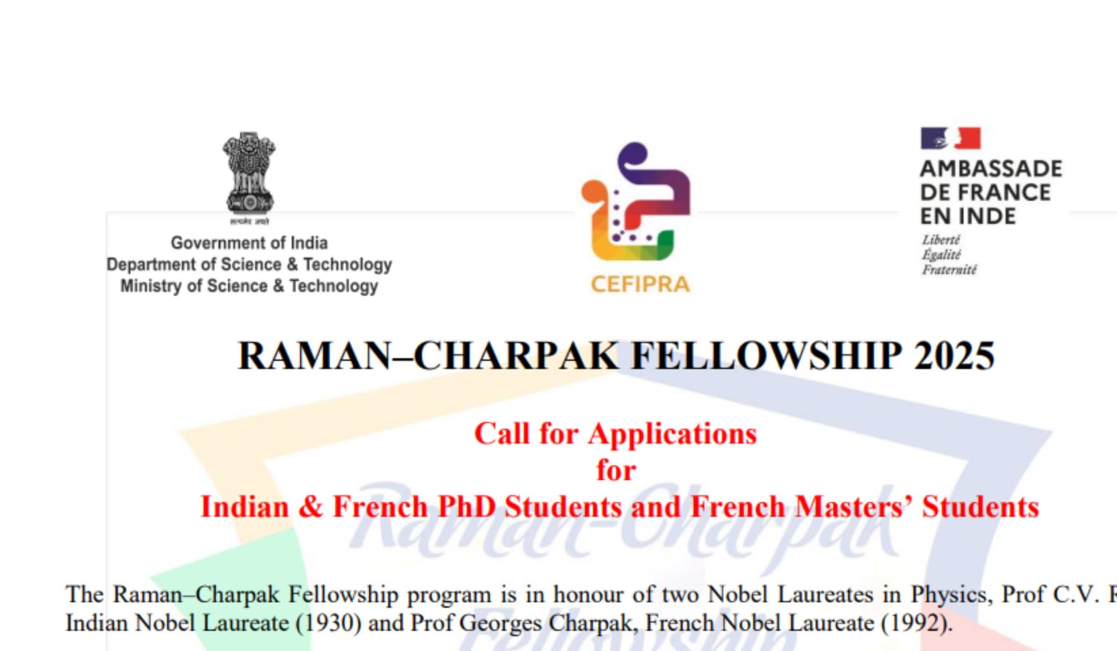 Raman Charpak Fellowship 2025